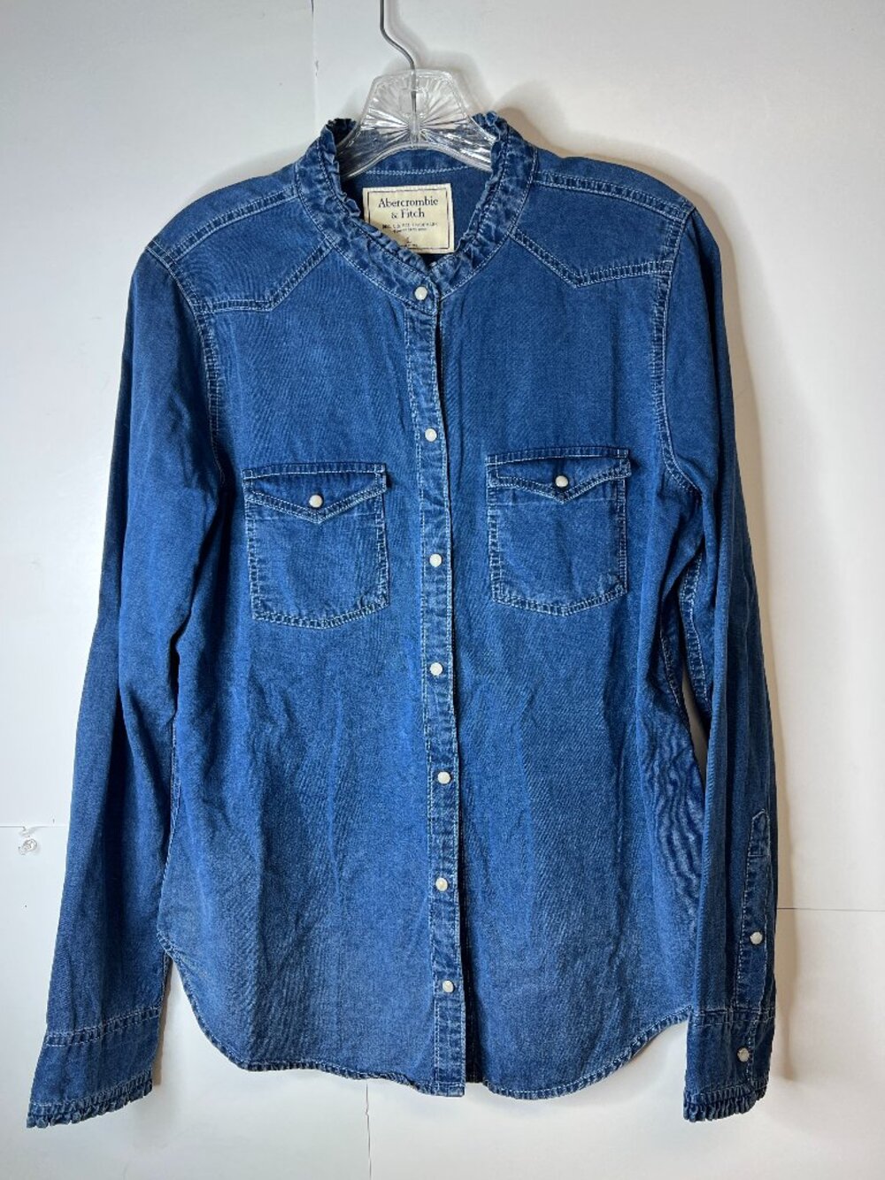 Abercrombie & Fitch Women's Large Denim Shirt Ruffled Collar Sleeves Pockets